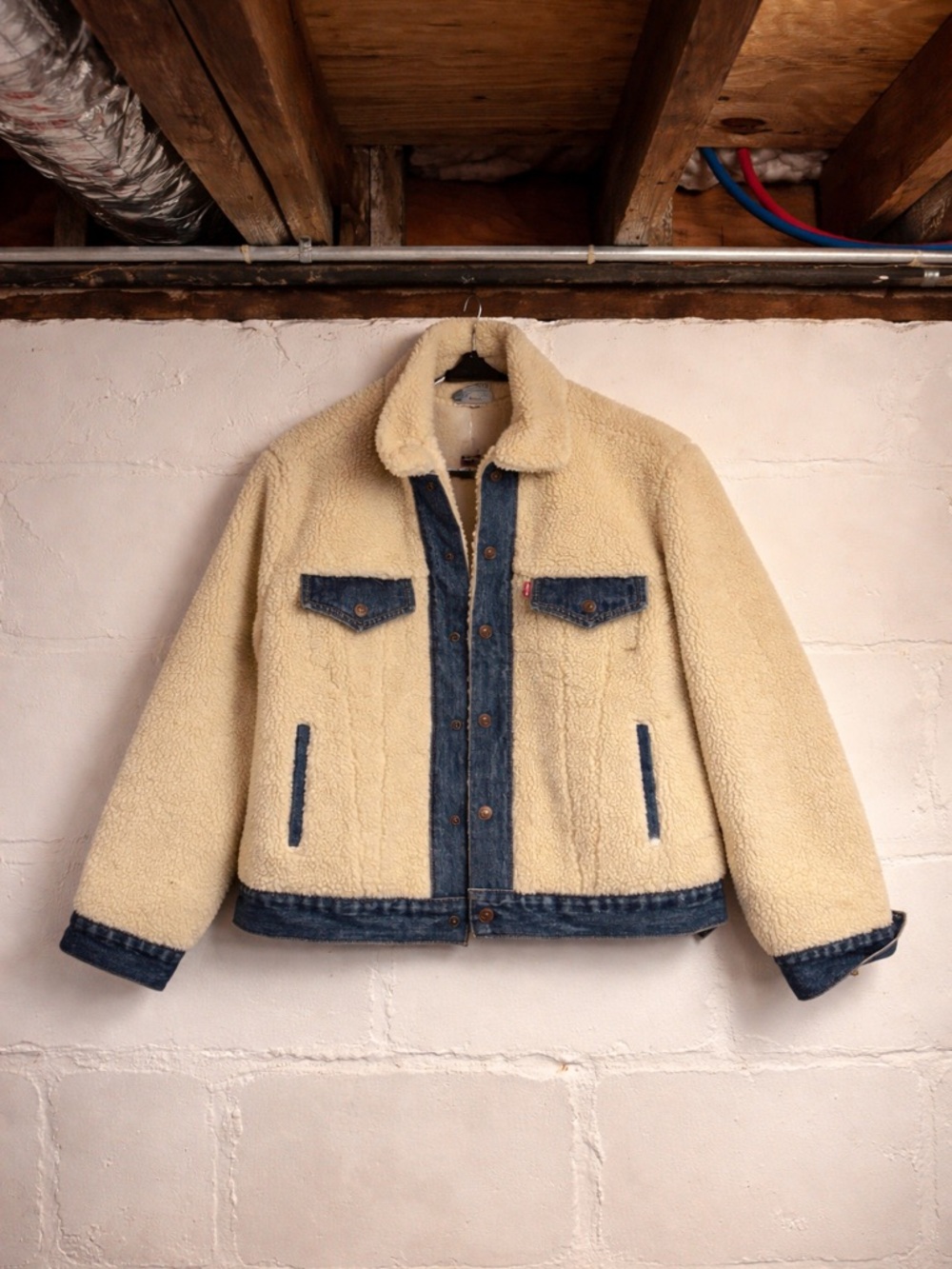 Levi's Off White Sherpa Jacket with Blue Denim Trim